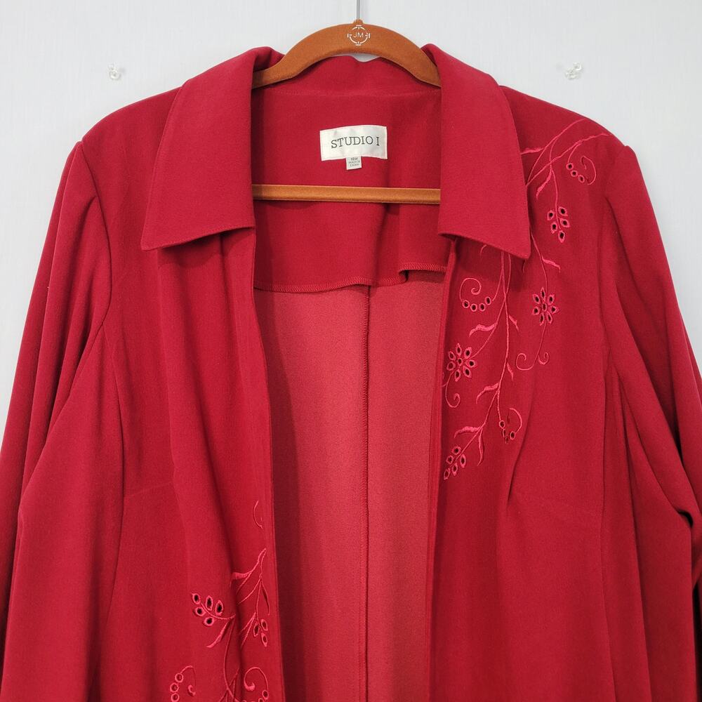 Vintage Floral Eyelet Detail Longline Open Front Jacket size 18W Red Office